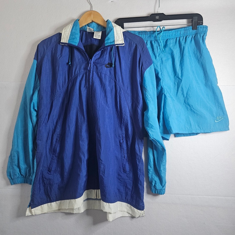Vintage Nike Windbreaker Track‎ Suit Set Blue Teal Colorblock Hooded Mens Medium